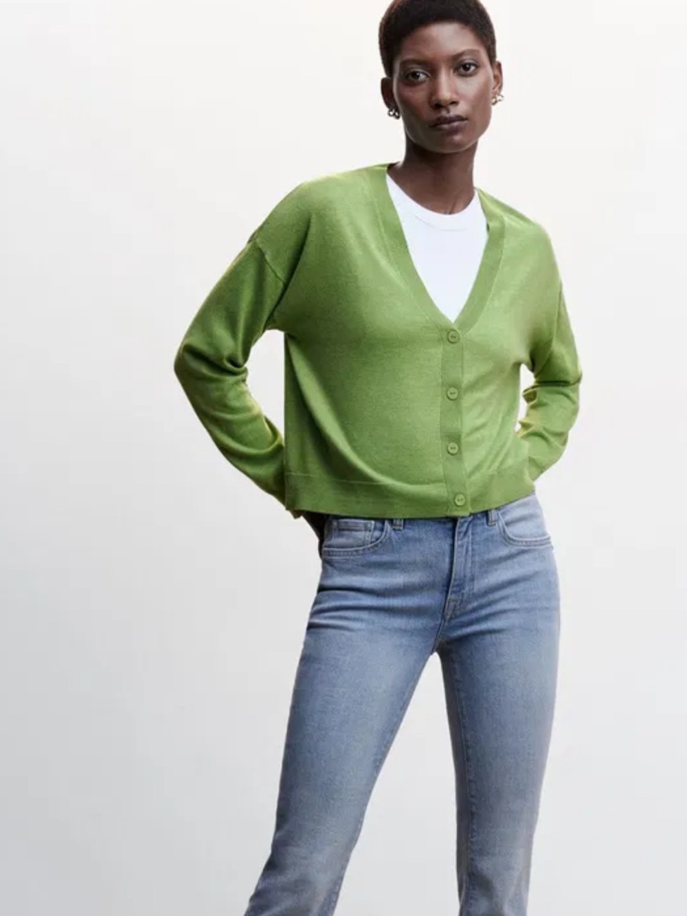 MANGO Lightweight Knit Cardigan Green Size Large Career Autumn Layering Preppy